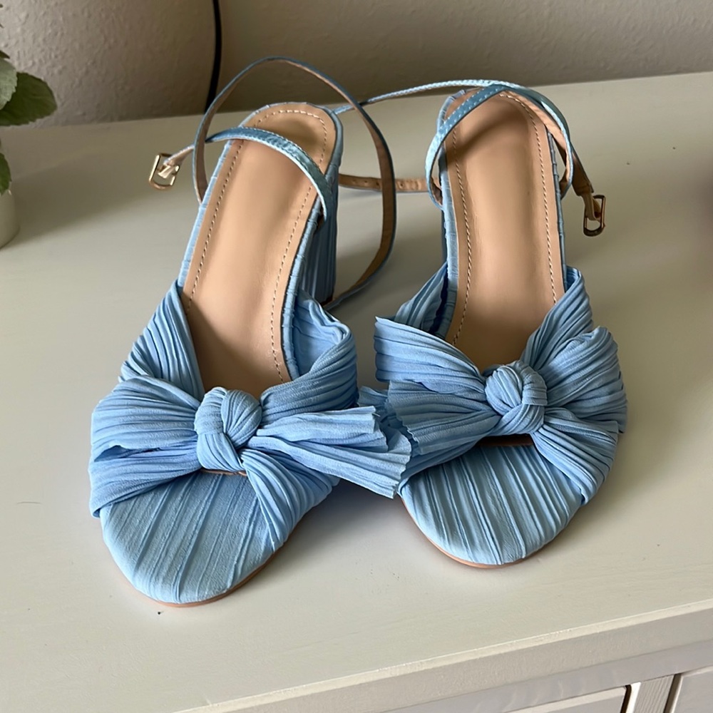 Blue Chiffon Bow Chunky Heels